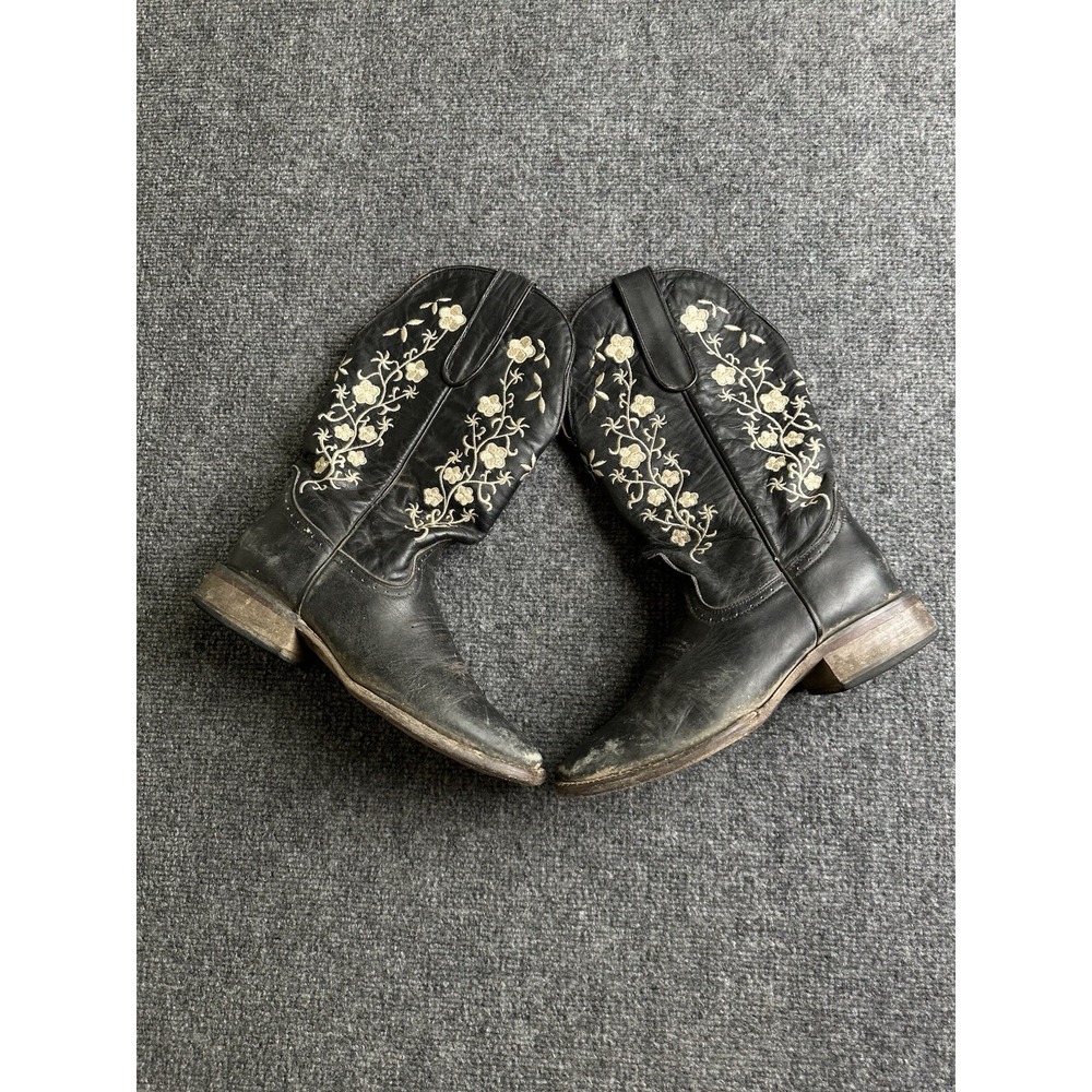 Women's Tanner Mark Black Leather Floral Embroidered Western Boots B, Size US 8